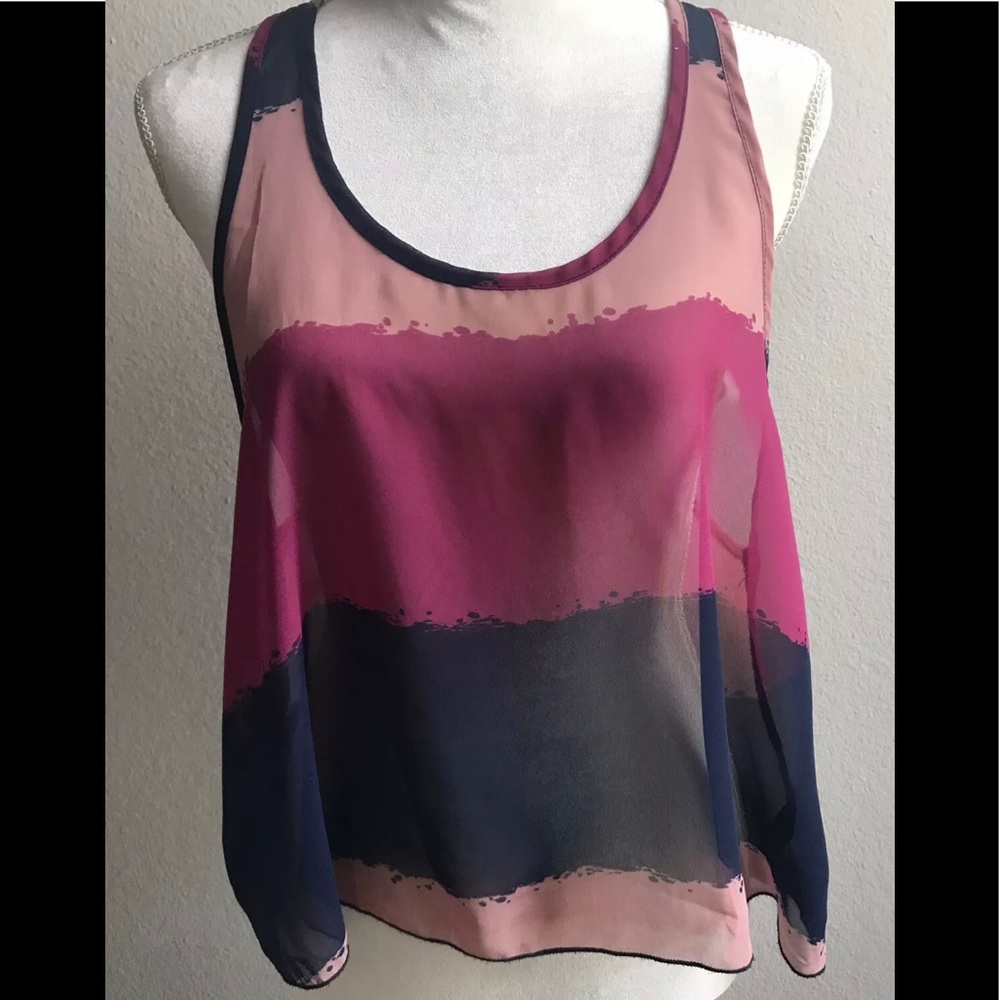 XXI BLOCK PRINT PURPLE PINK BLUE SHEER SLEEVELESS BLOUSE SIZE MEDIUM PREOWNED